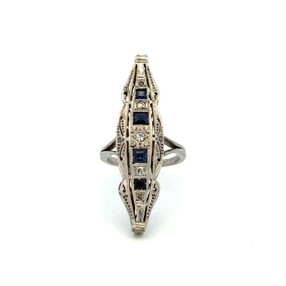 Platinum & Gold Art Deco Marriage Diamond, Sapphire Navette Ring Regard Jewelry Austin Texas