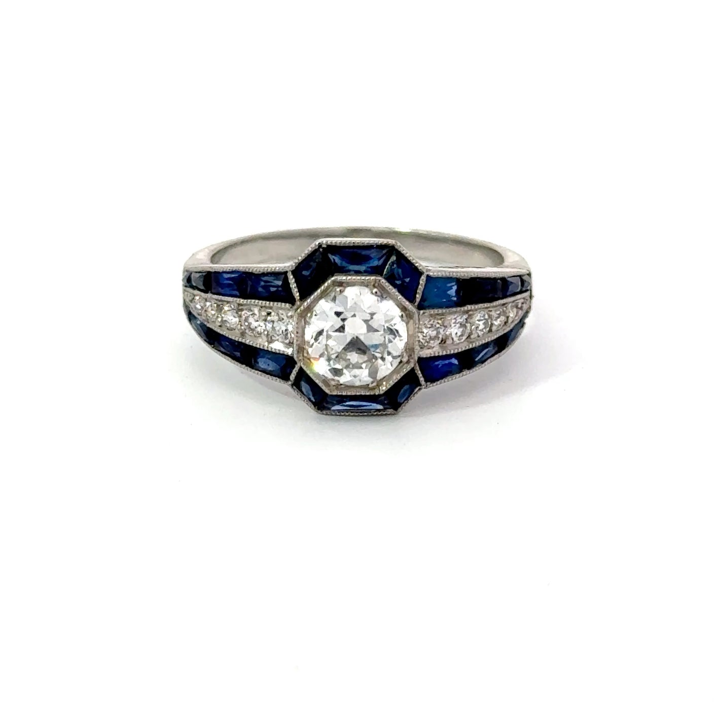 Estate Platinum Diamond Ring with Sapphire Accents