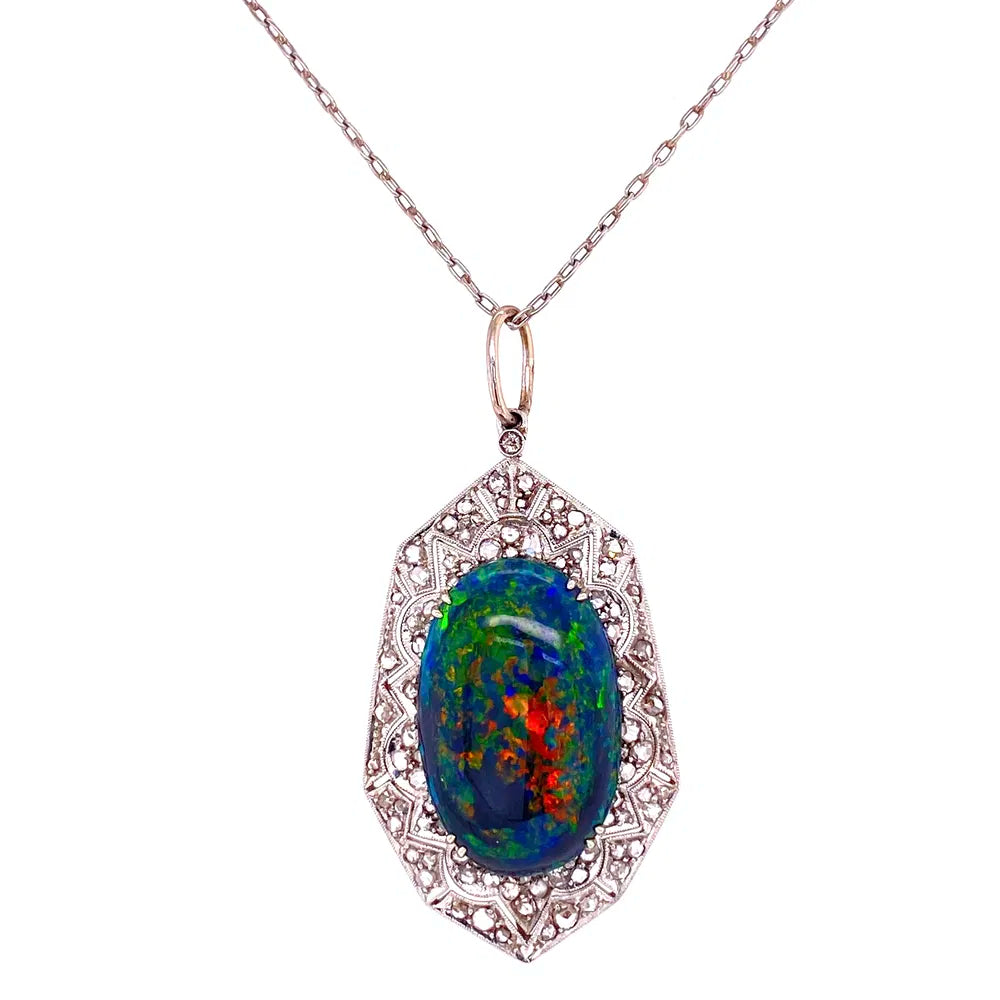 Art Deco 9.28ct Black Opal & Diamond Pendant in Platinum