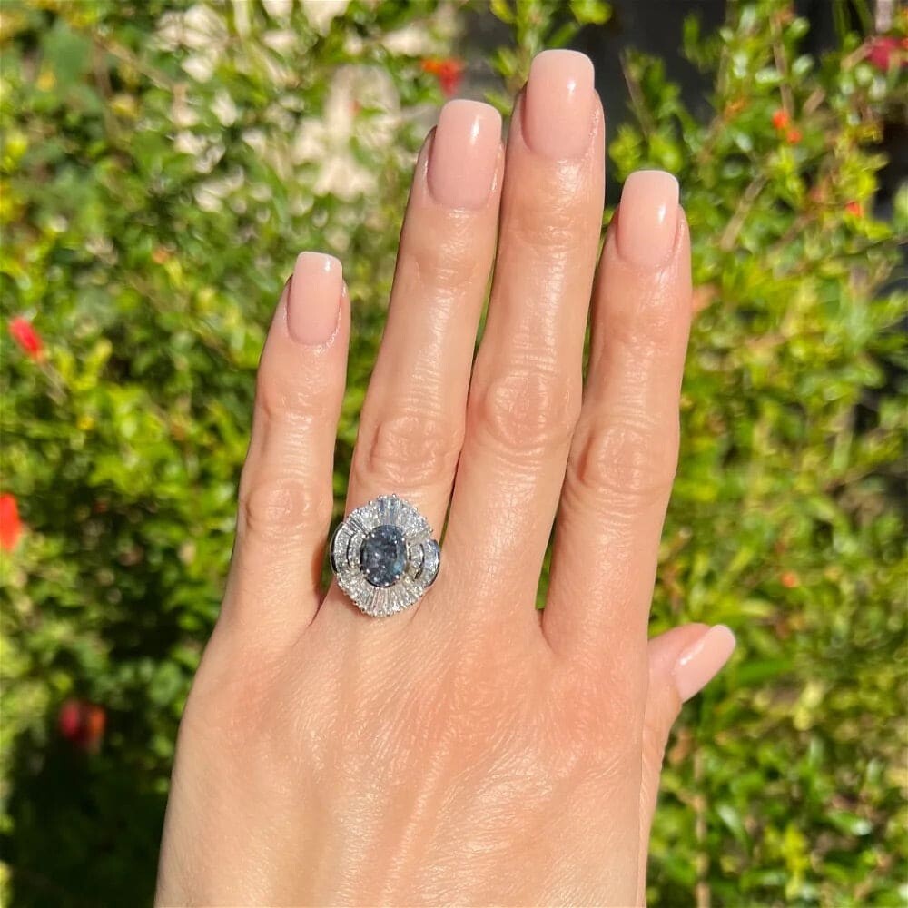 Alexandrite Set in Platinum Ring with Baguette Diamonds