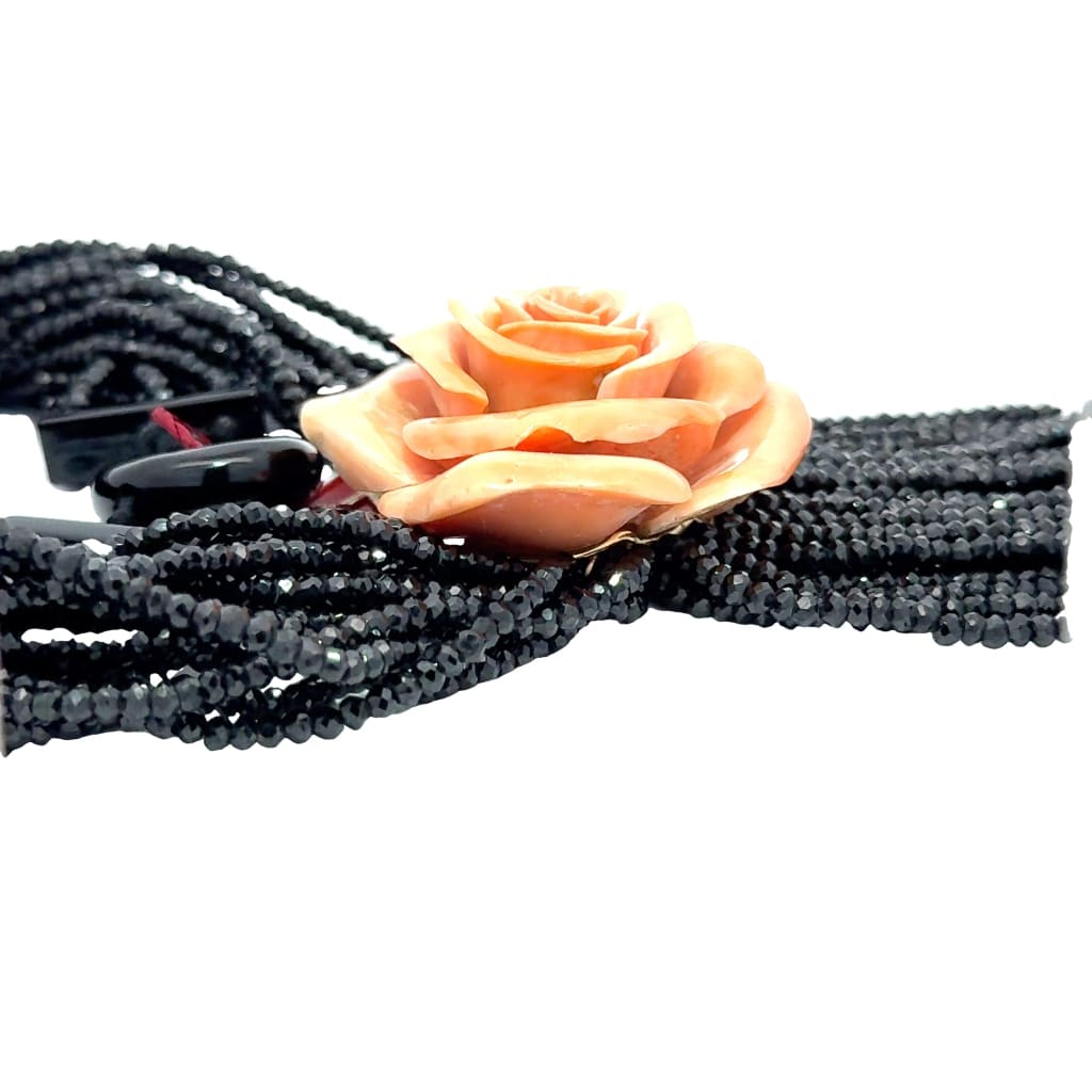 Coral Rose With Black Beads Necklace - beaded