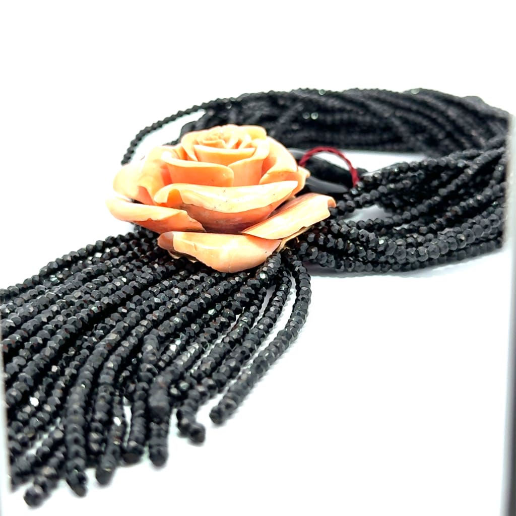 Coral Rose With Black Beads Necklace - beaded