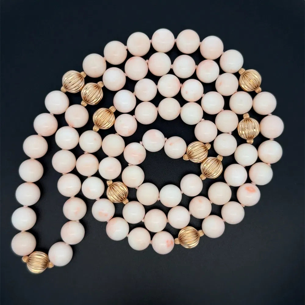36" 14K Round Angel Skin Coral & Gold Bead Necklace | Regard Jewelry Austin Texas