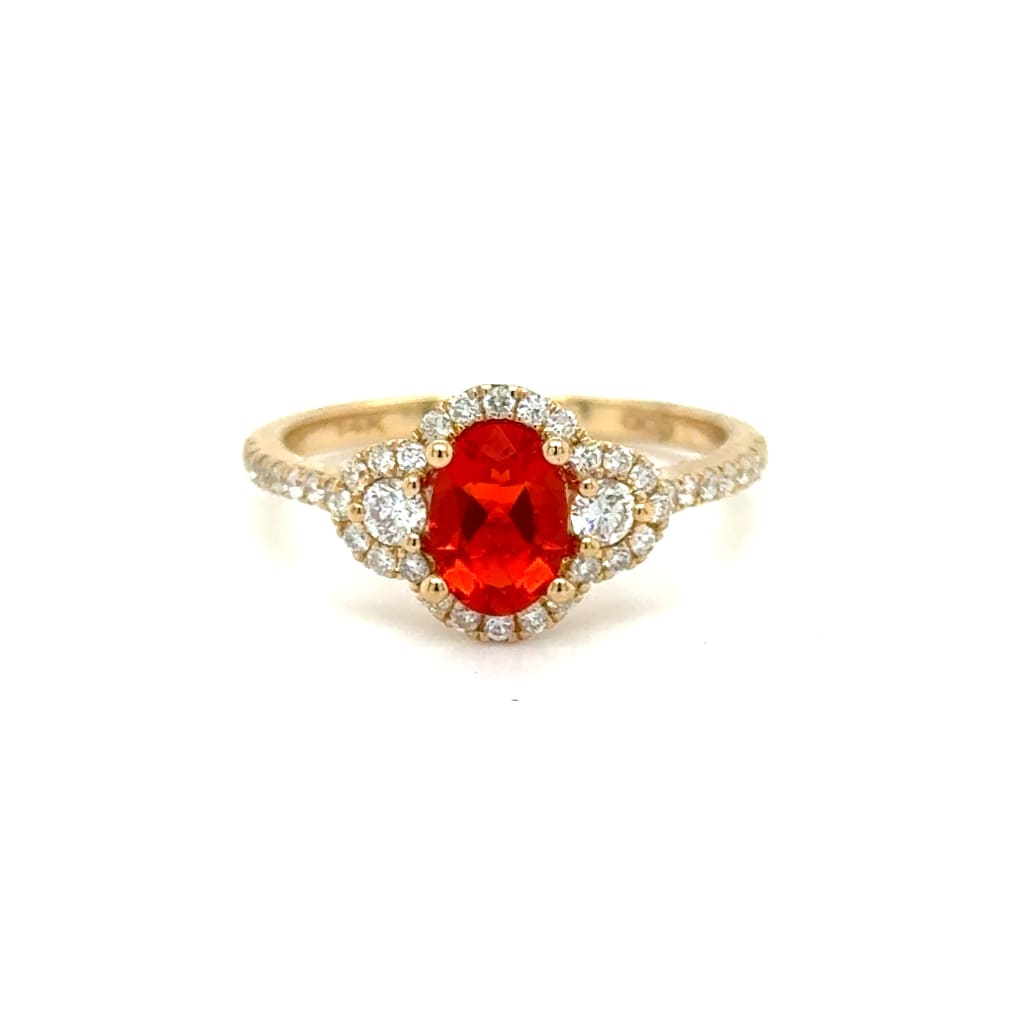 Mexican Fire Opal & Diamond Halo Engagement Ring – 18K Yellow Gold, Oval 0.56 CT, Size 7