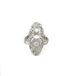 Platinum Art Deco Diamond Emerald Navette Filigree Ring at