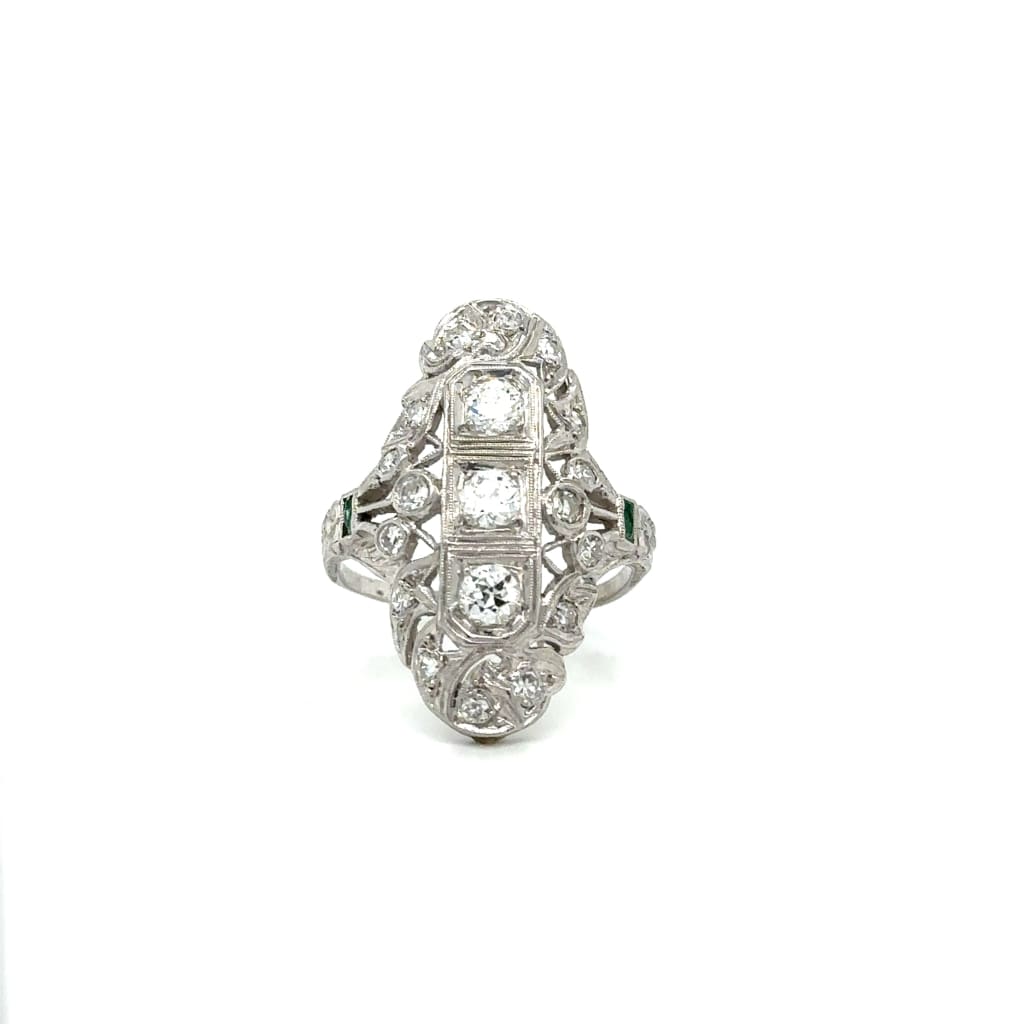 Platinum Art Deco Diamond Emerald Navette Filigree Ring at
