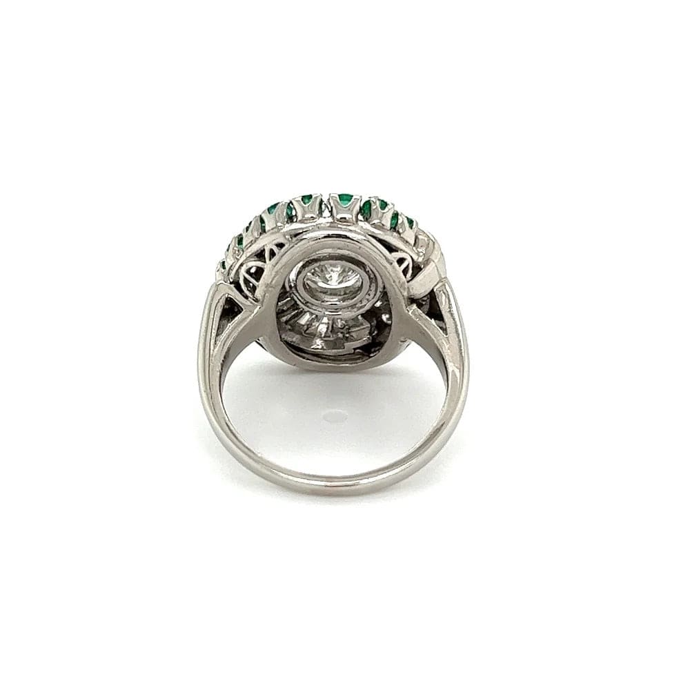 Platinum Retro Ring with Diamonds Emeralds and baguettes