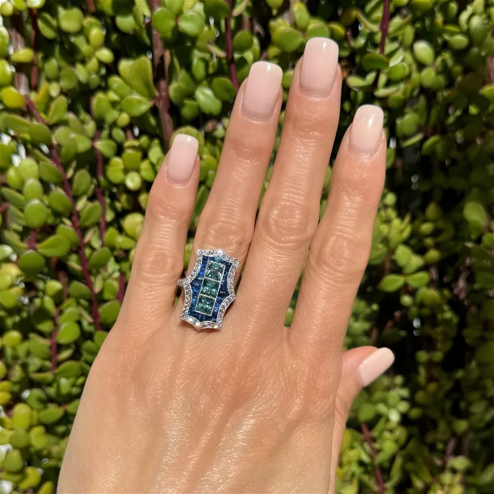 Platinum Square Blue Zircon Sapphire & OEC Rectangular