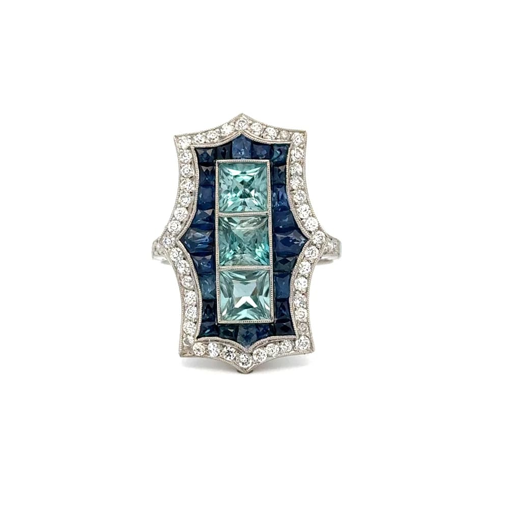 Platinum Square Blue Zircon Sapphire & OEC Rectangular