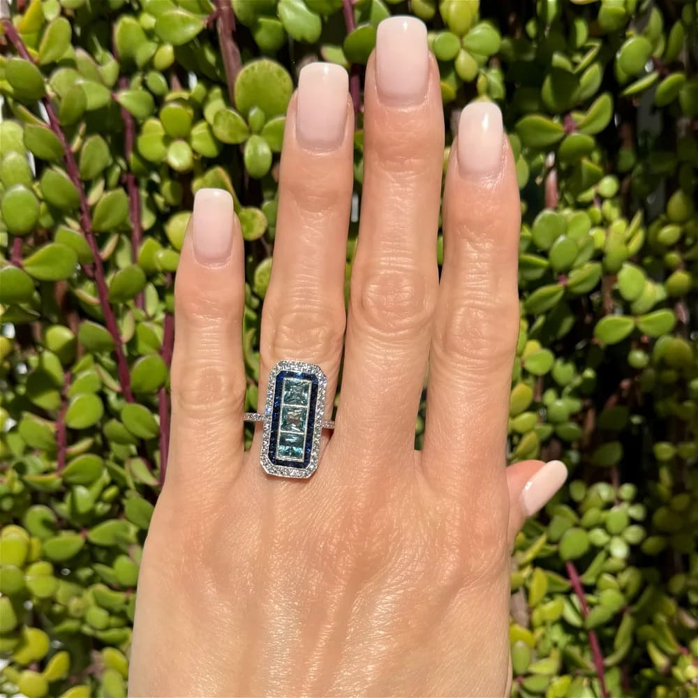 Platinum Square Blue Zircon Sapphire & OEC Rectangular