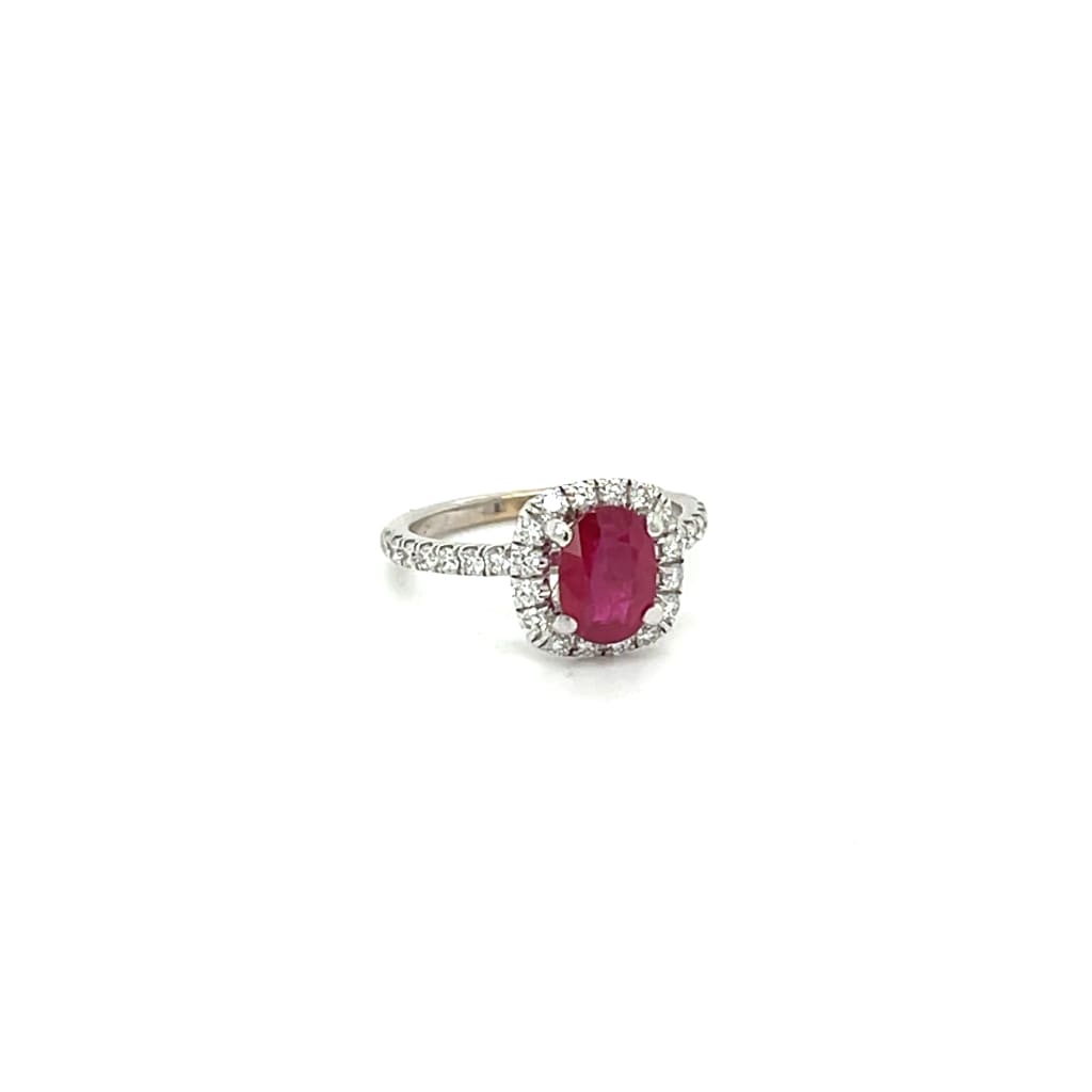 Ruby and Diamond Halo Ring at Regard Jewelry in Austin Texas
