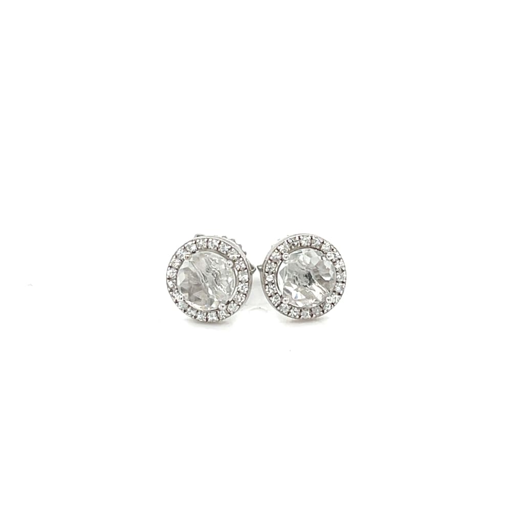 White Sapphire with Diamond Halo Earrings at Regard Jewelry