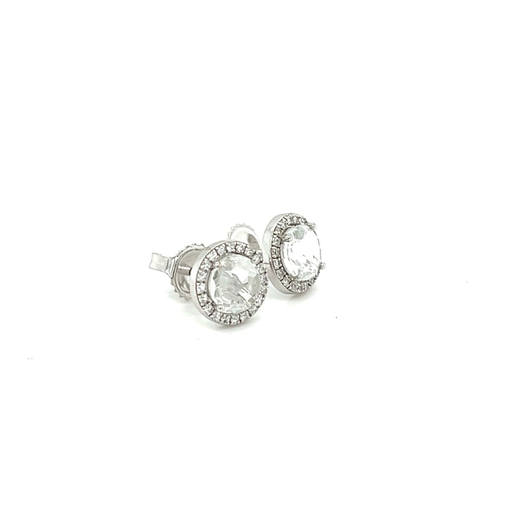 White Sapphire with Diamond Halo Earrings at Regard Jewelry
