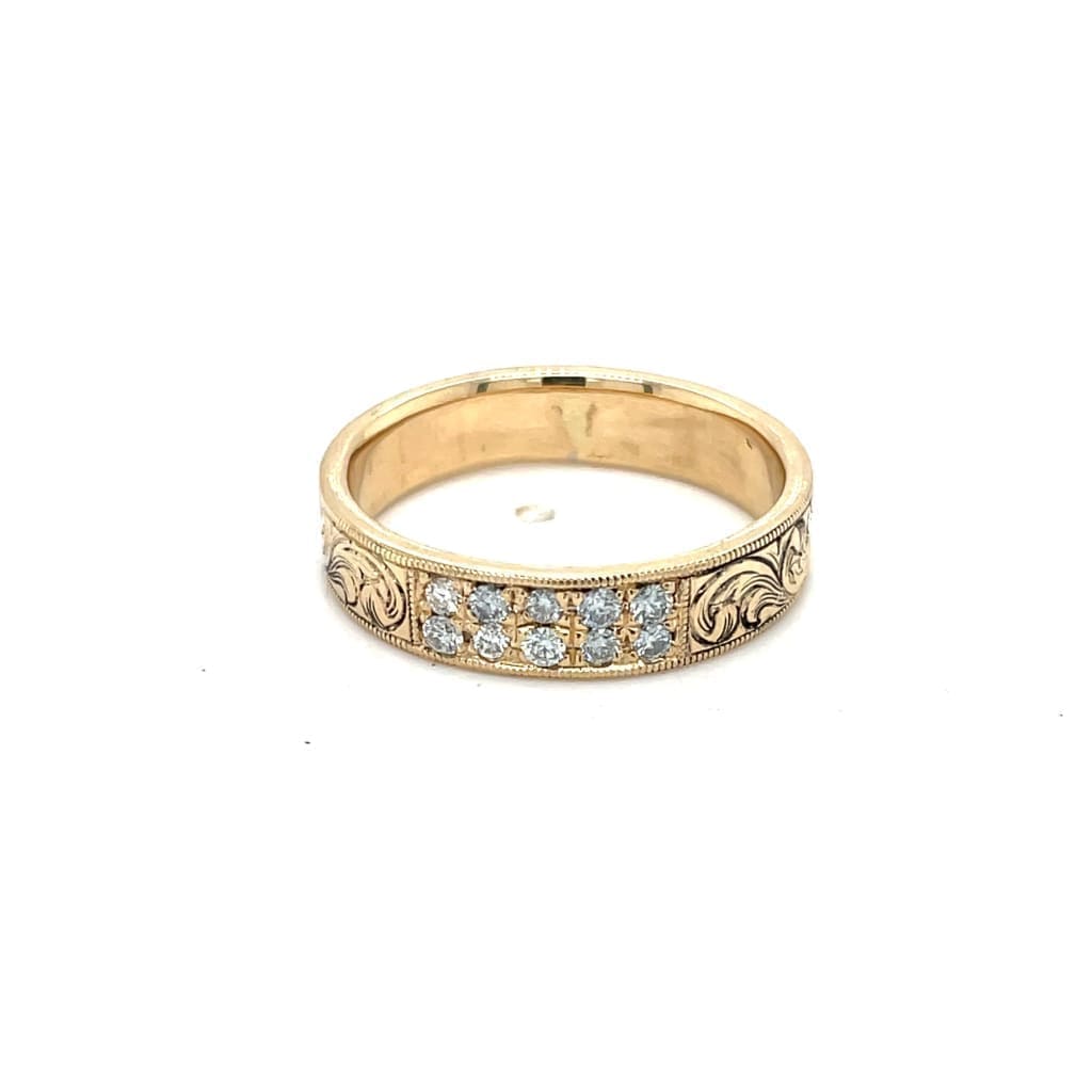 14k Yellow Band With Ideal Cut Diamonds and Handengraving at Regard Jewelry in Austin, Texas - Regard Jewelry