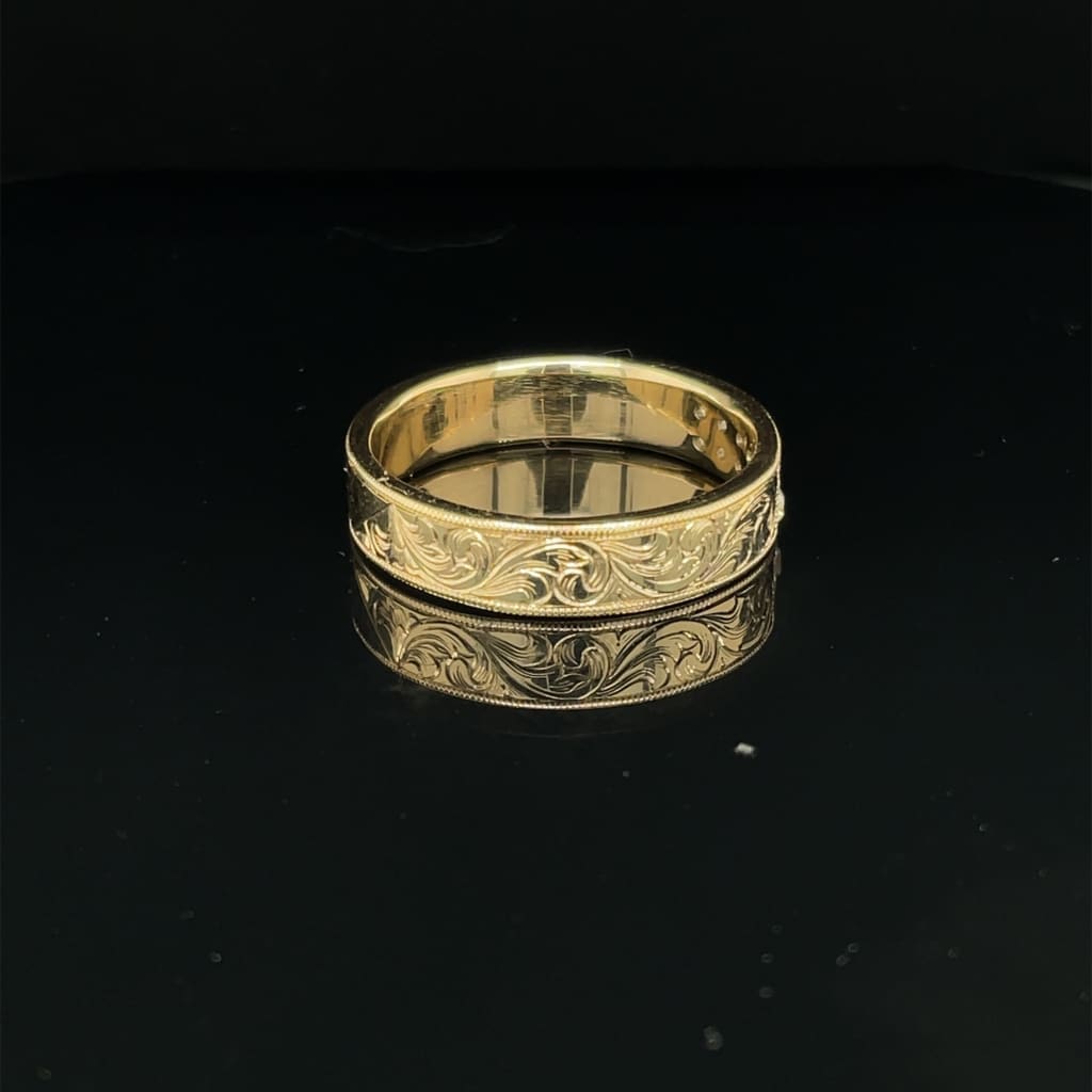 14k Yellow Band With Ideal Cut Diamonds and Handengraving at Regard Jewelry in Austin, Texas - Regard Jewelry