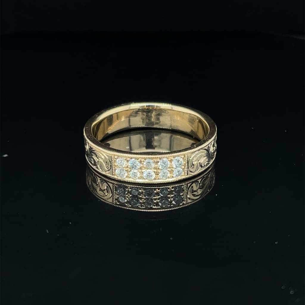 14k Yellow Band With Ideal Cut Diamonds and Handengraving at Regard Jewelry in Austin, Texas - Regard Jewelry