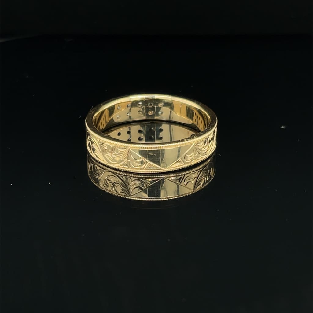 14k Yellow Band With Ideal Cut Diamonds and Handengraving at Regard Jewelry in Austin, Texas - Regard Jewelry