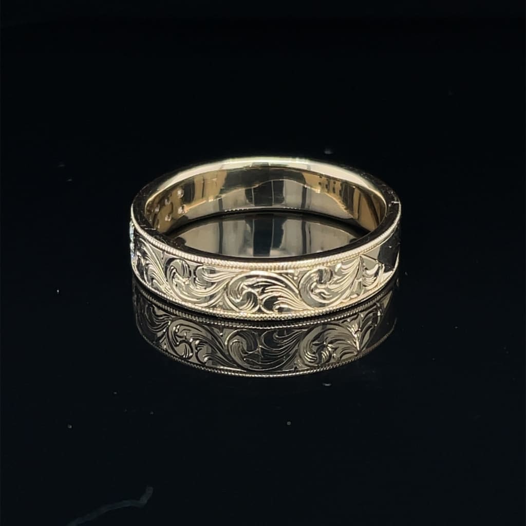 14k Yellow Band With Ideal Cut Diamonds and Handengraving at Regard Jewelry in Austin, Texas - Regard Jewelry