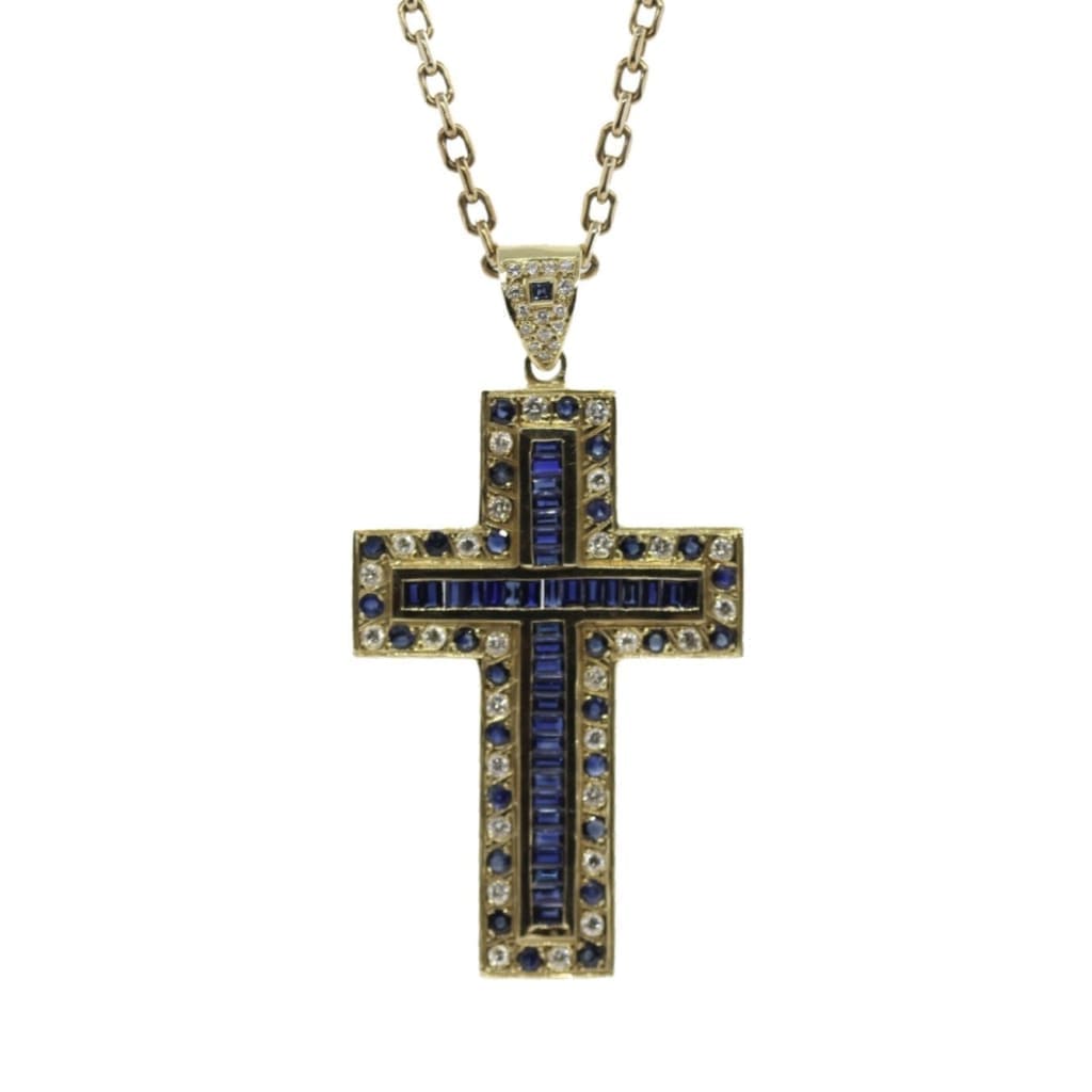 14K YELLOW GOLD CROSS WITH DIAMONDS AND SAPPHIRES IN AUSTIN, TEXAS - Regard Jewelry