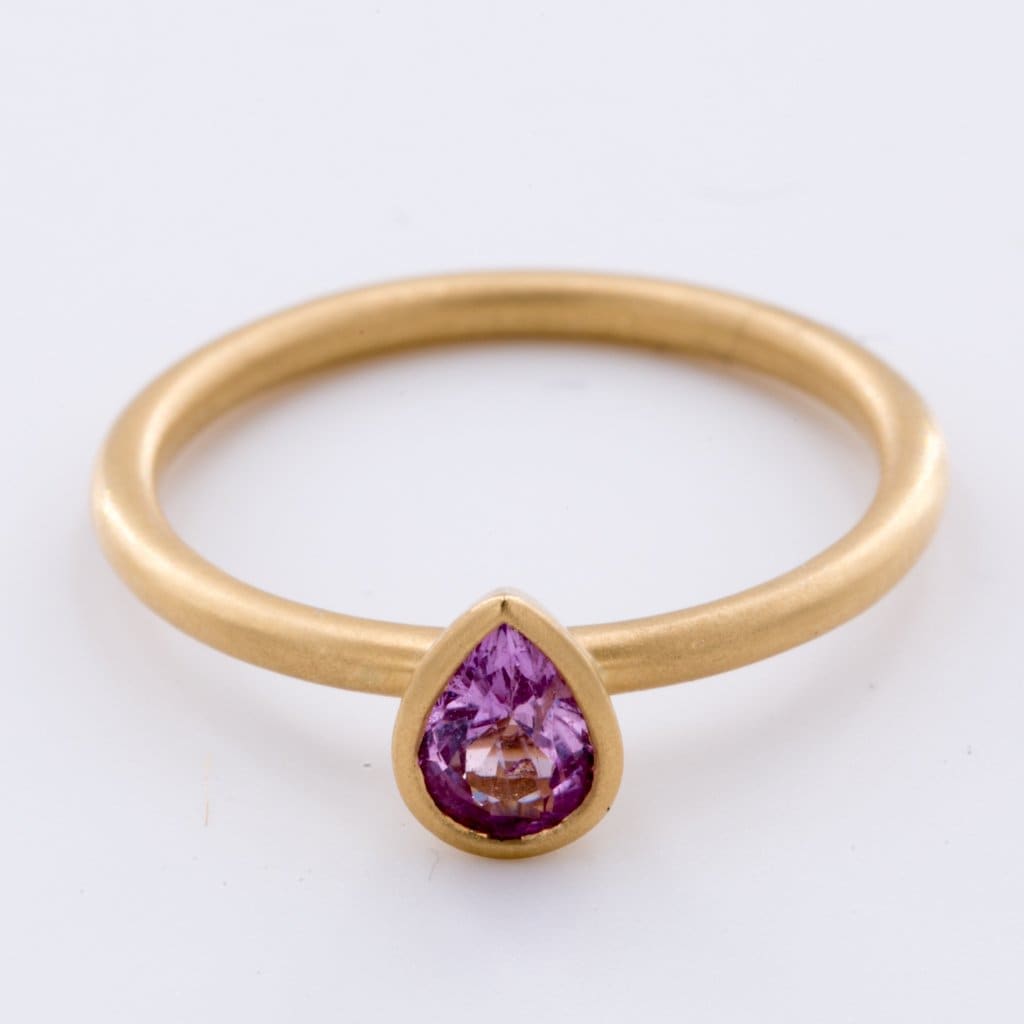 18k Matte Yellow Gold Yumdrop Ring with a Pink Pear Shape Sapphire by Kimberly Collins at Regard - Regard Jewelry