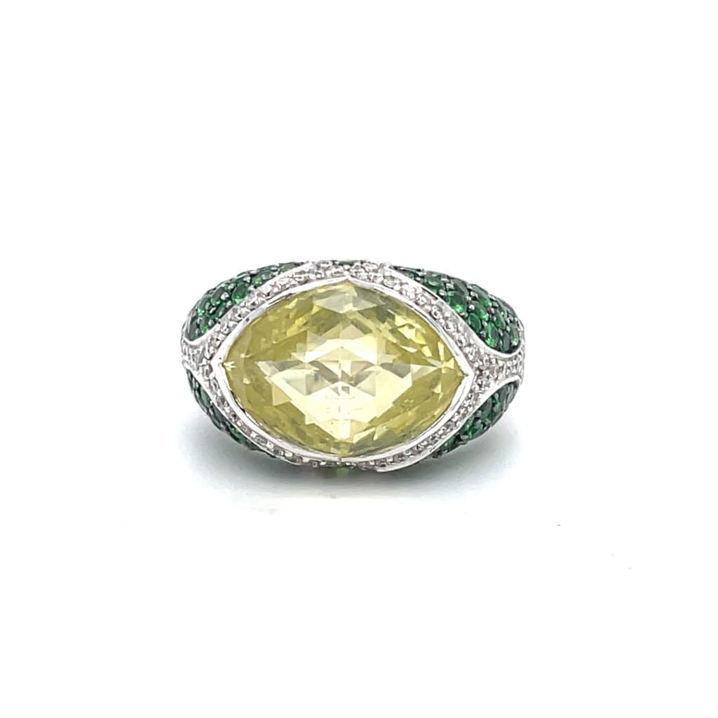 18k White Gold Ring With Lemon Quartz Center stone and Tsavorite Garnet Accent Stones at Regard - Regard Jewelry
