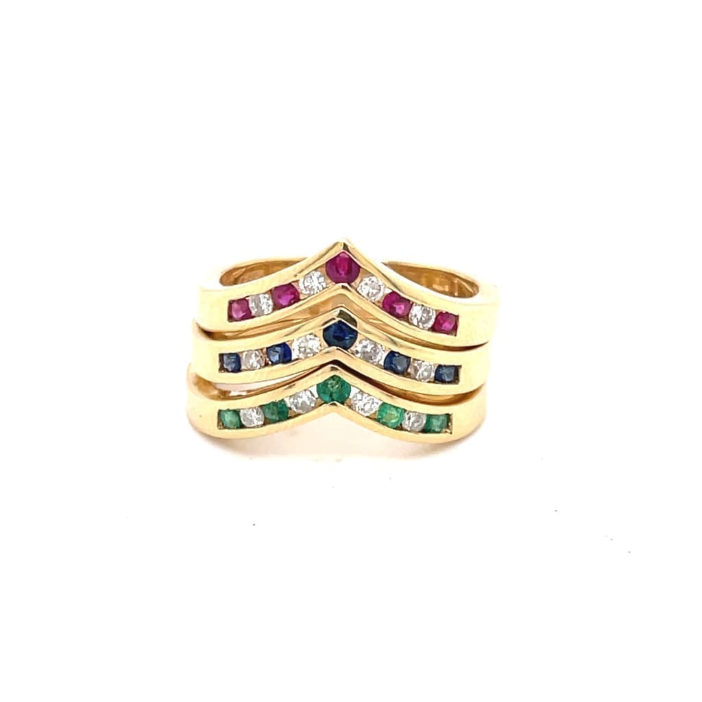 3 Stackable V Shape Rings with Diamonds, Rubies, Emeralds and Sapphires at Regard Jewelry in Austin, - Regard Jewelry