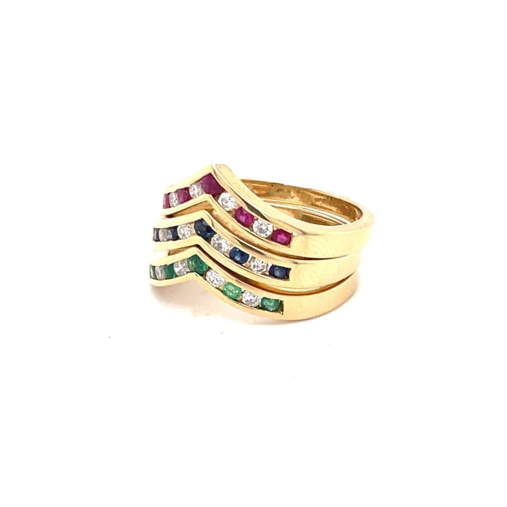 3 Stackable V Shape Rings with Diamonds, Rubies, Emeralds and Sapphires at Regard Jewelry in Austin, - Regard Jewelry