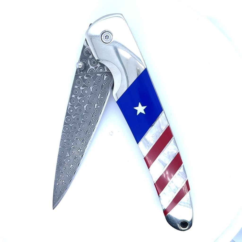 Double Sided Damascus Steel Patriotic Collection 4" Linerlock Knife at Regard Jewelry in Austin, Texas - Regard Jewelry