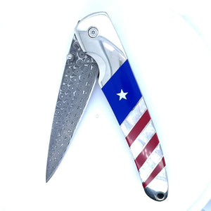 Double Sided Damascus Steel Patriotic Collection 4" Linerlock Knife at Regard Jewelry in Austin, Texas - Regard Jewelry