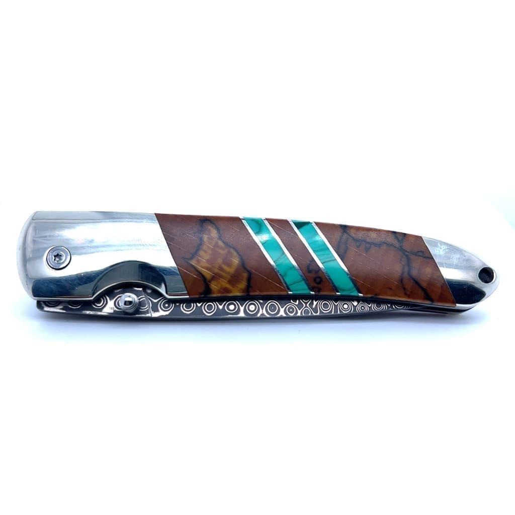 Double Sided Malachite Spalted Beech 4" Damascus Steel Linerlock With Clip - Regard Jewelry