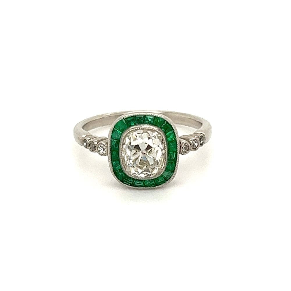 Estate Platinum Ring With 1.62ct Old Miner Cushion Diamond Ring With Emeralds at Regard Jewelry in - Regard Jewelry