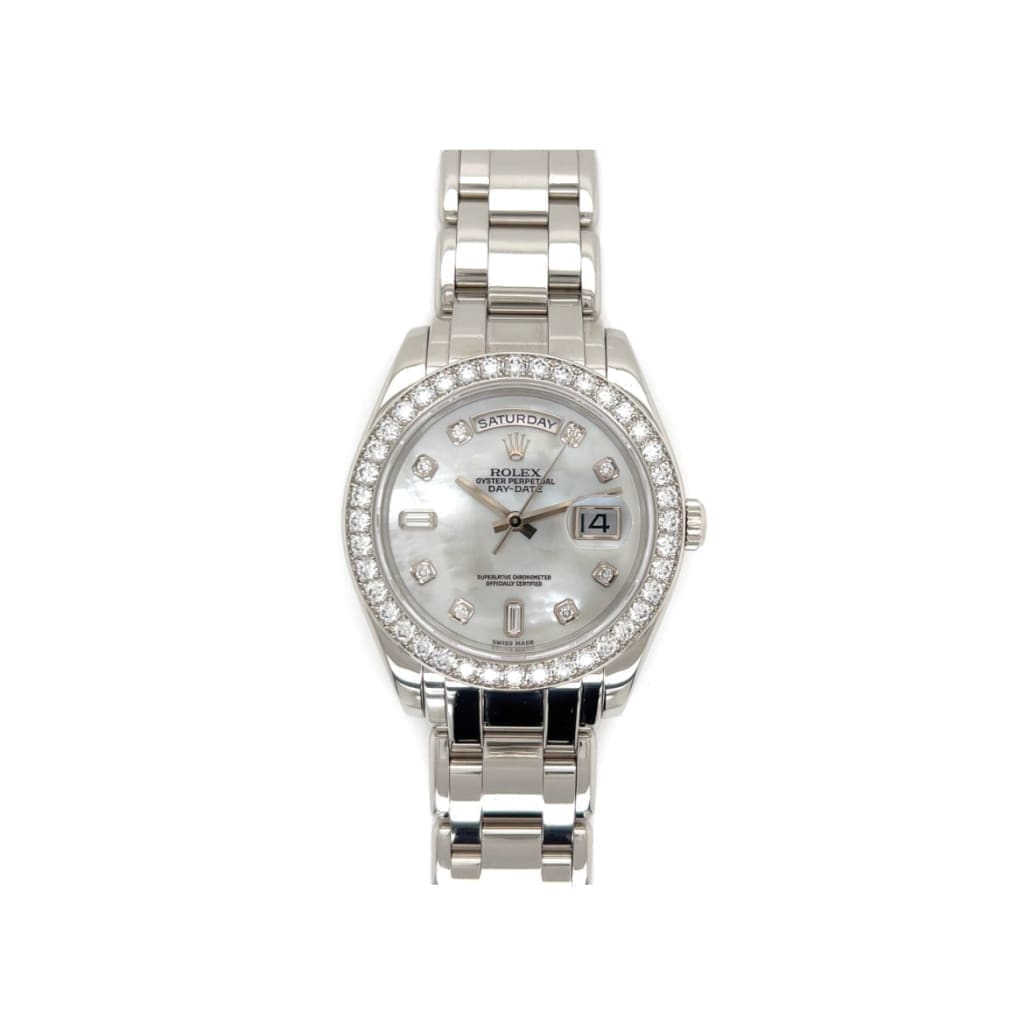 Platinum Rolex Pearlmaster 39mm 18946 Factory Diamond Bezel MOP Diamond Dial Mint w/Box c2005 8.5" - Regard Jewelry