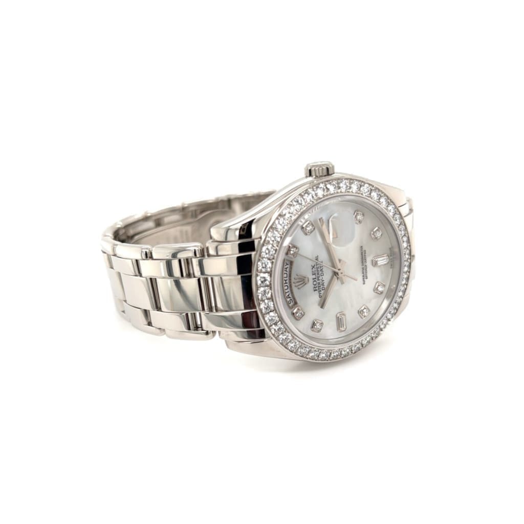 Platinum Rolex Pearlmaster 39mm 18946 Factory Diamond Bezel MOP Diamond Dial Mint w/Box c2005 8.5" - Regard Jewelry