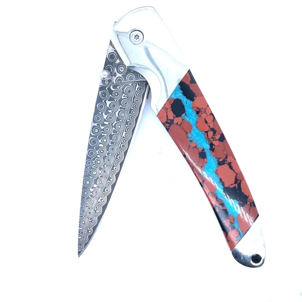 Single Sided Damascus Steel Vein Turquoise Collection 3" Linerlock Knife at Regard Jewelry in Austin, Texas - Regard Jewelry
