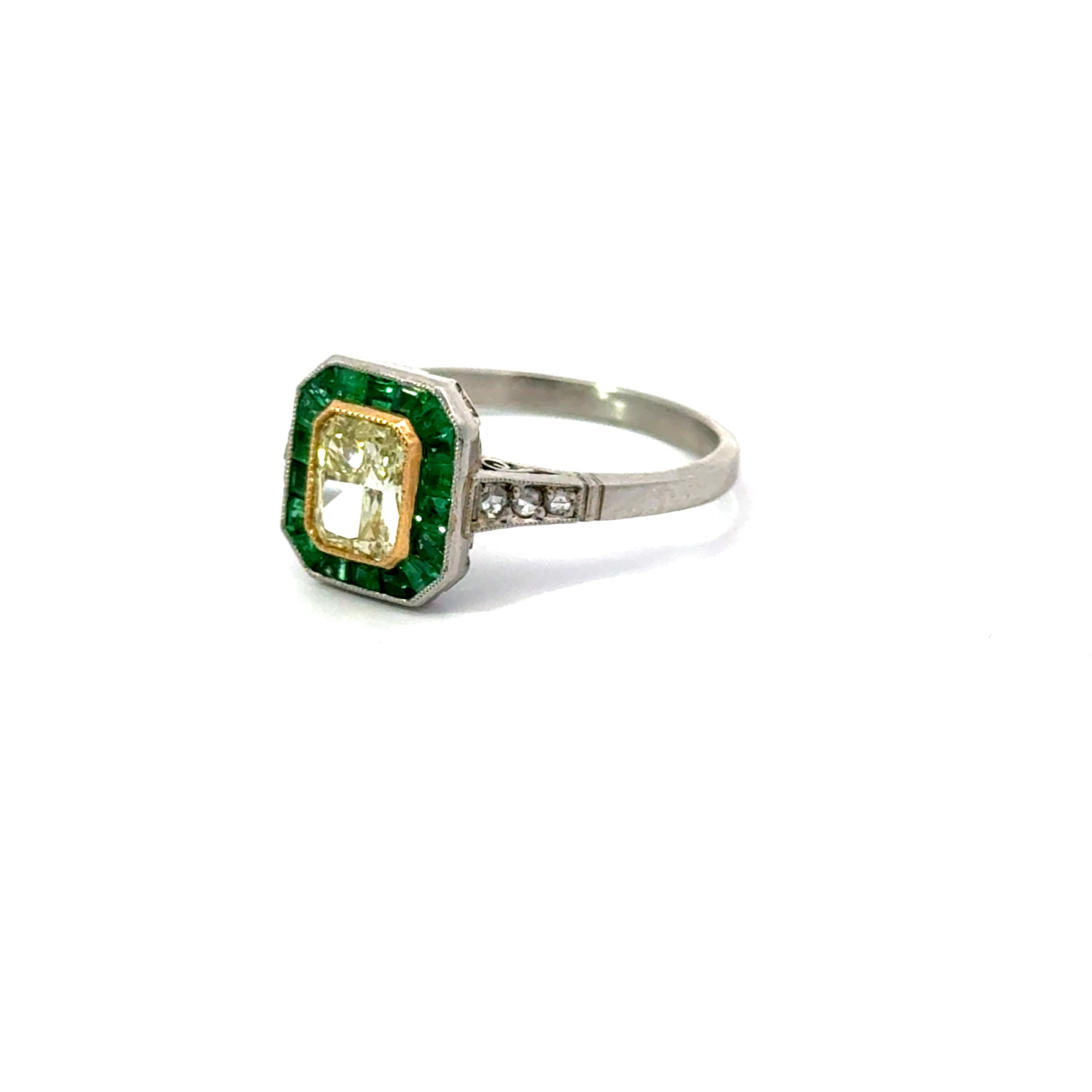 Estate Yellow Diamond With Emerald Halo Ring in Platinum Regard Jewelry Austin TX