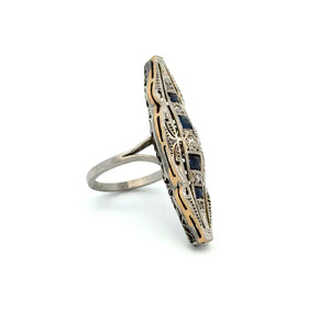Platinum & Gold Art Deco Marriage Diamond, Sapphire Navette Ring Regard Jewelry Austin Texas