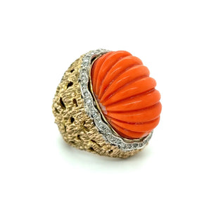14K YG 1960's Fluted Oval Coral & .40tcw Diamond Nugget Style Ring 26.2g Regard Jewelry Austin Texas