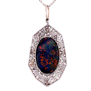 Platinum Art Deco 9.28ct Black Opal & .90tcw Diamond Pendant Necklace Regard Jewelry Austin Texas