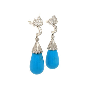 Platinum CARTIER Art Deco 40tcw Turquoise Briolette & OEC Diamond Drop Earrings Regard Jewelry Austin, Texas