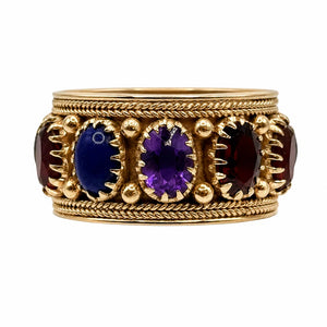14K YG Etruscan Gemstone & Granulation Eternity 12.5mm Band Ring 10.0g, s10.25 Amethyst, Lapis, Citrine, Jade, Garnet, Coral Regard Jewelry Austin Texas