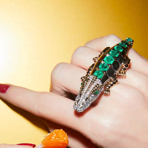 ELIE TOP Crocodile 6.53tcw Emerald GIA Minor & 2.00tcw Diamond Cuff Ring Regard Jewelry Austin Texas