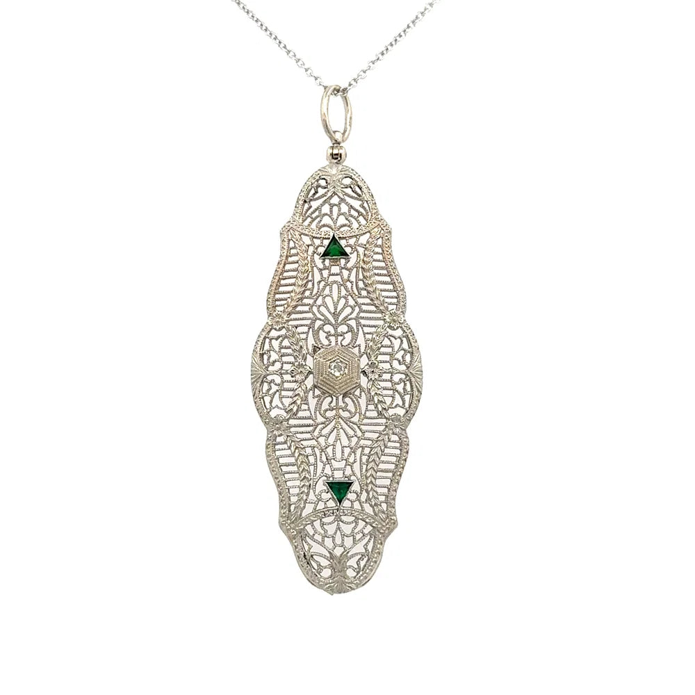 14KWG Art Deco Filigree .02ct Diamond & Green Stone Navette Pendant Necklace 7.0g Regard Jewelry Austin Texas
