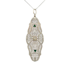14KWG Art Deco Filigree .02ct Diamond & Green Stone Navette Pendant Necklace 7.0g Regard Jewelry Austin Texas