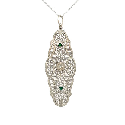 14KWG Art Deco Filigree .02ct Diamond & Green Stone Navette Pendant Necklace 7.0g Regard Jewelry Austin Texas