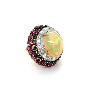 18K Yellow Gold Vintage Opal, Diamond, Ruby & Sapphire Ring