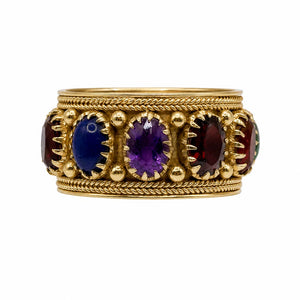 14K YG Etruscan Gemstone & Granulation Eternity 12.5mm Band Ring 10.0g, s10.25 Amethyst, Lapis, Citrine, Jade, Garnet, Coral Regard Jewelry Austin Texas