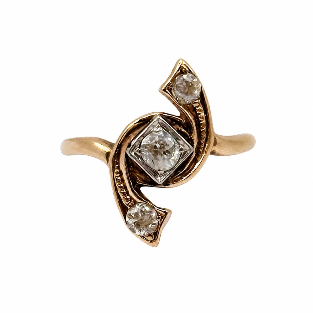 14K YG Victorian 3 Diamond .50tcw Engraved Ring 3.0g Regard Jewelry Austin Texas