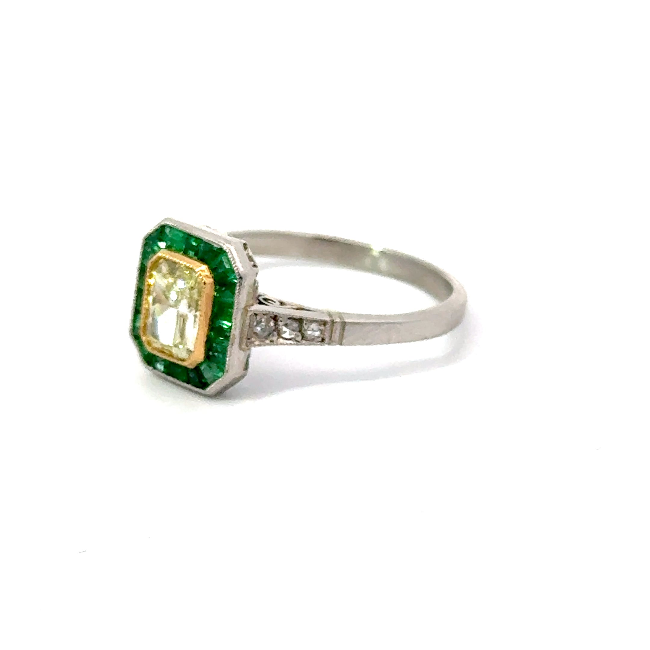 Estate Yellow Diamond With Emerald Halo Ring in Platinum Regard Jewelry Austin TX