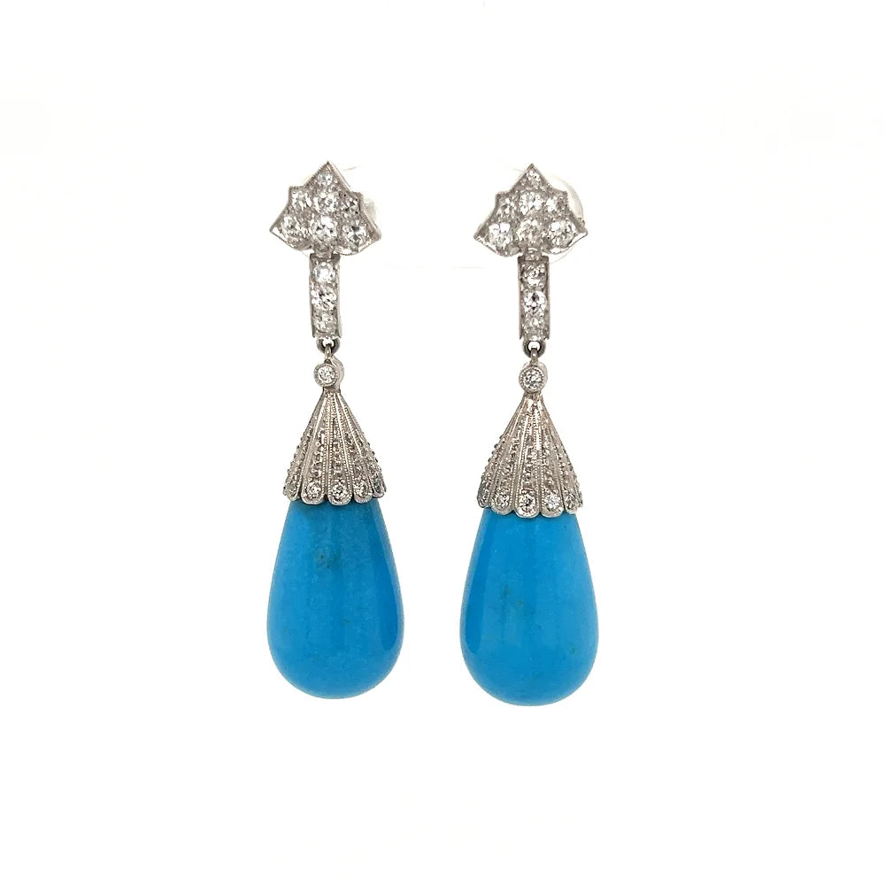 Platinum CARTIER Art Deco 40tcw Turquoise Briolette & OEC Diamond Drop Earrings Regard Jewelry Austin, Texas