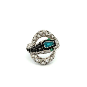 Platinum .55ct Brazilian Paraiba Tourmaline GIA, Onyx, Emerald & 1.15tcw OEC Diamond Snake Serpent Ring Regard Jewelry Austin Texas